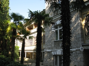 Пальмы вдоль стены здания в Гурзуфском парке